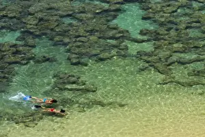 Recreation Prints: USA, Hawaii, Oahu, people snorkelling among coral reef at Hanauma Bay Nature Preserve