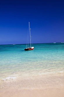 USA; Hawaii; Oahu; Sail Boat at Anchor in Blue Water With Swimmer