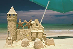 Starfish Prints: USA, Hawaii. Sandcastle and starfish on tropical beach
