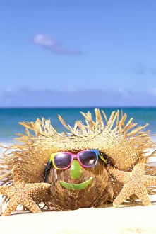 USA, Hawaiian Islands. Coconut with straw hat and shades smiling beachside
