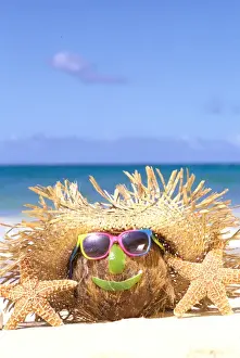 Funny Prints: USA, Hawaiian Islands. Coconut with straw hat and shades smiling beachside