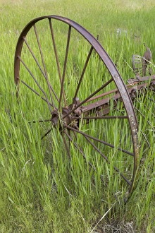 Wheel Prints: USA, Idaho. Abandoned farm equipment in Frank Church River of No Return Wilderness