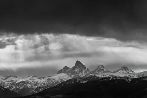 Drigg Prints: USA, Idaho. Black and White landscape of Virga clouds and view of Teton Mountains from the west
