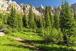 USA, Idaho, Sawtooth Wilderness. Trail in mountain and valley landscape