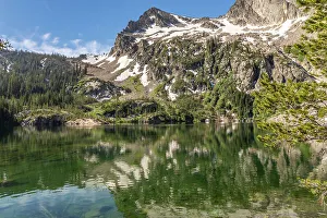Alpine Lake Prints: USA, Idaho, Sawtooth Wilderness. Mountain reflects in Alpine Lake