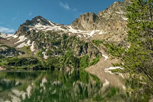 Alpine Lake Prints: USA, Idaho, Sawtooth Wilderness. Mountain reflects in Alpine Lake