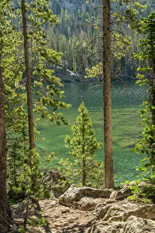 Alpine Lake Prints: USA, Idaho, Sawtooth Wilderness. Alpine Lake and forest landscape