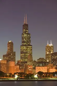 Building Structure Prints: USA, Illinois, Chicago: City Skyline / Evening from Lake Michigan