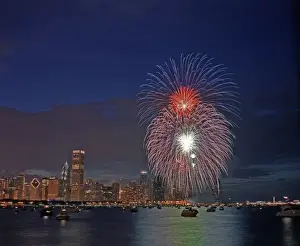 USA, Illinois, Chicago, Fourth of July fireworks over Monroe Harbor