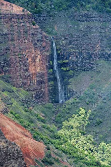 Basalt Prints: USA, Kauai, Hawaii. Colorful gorge and Waipoo Waterfall at Waimea Canyon State Park