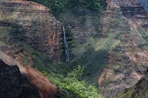 Basalt Prints: USA, Kauai, Hawaii. Colorful gorge and Waipoo Waterfall at Waimea Canyon State Park