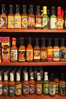 USA, Louisiana, New Orleans. Bottles of various hot-sauces
