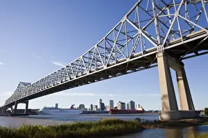 Sky Line Prints: USA, Louisiana, New Orleans. Skyline from the Greater New Orleans Bridge and Mississippi River