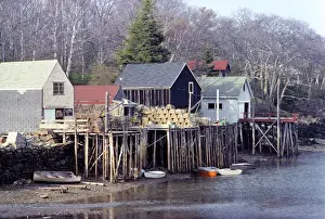 Lobster Trap Prints: USA, Maine, Acadia NP. Lobster traps are stacked on the piers in a village near Acadia