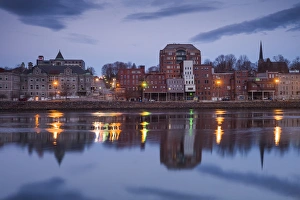 Augusta Prints: USA, Maine, Augusta, town view along Kennebec River, dawn