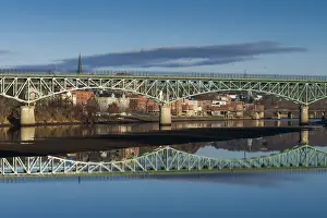 Augusta Prints: USA, Maine, Augusta, Western Avenue Bridge and Kennebec River, morning