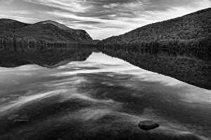 Maine Prints: USA, Maine. Black and white landscape of mountains and clouds reflected in South Branch Pond
