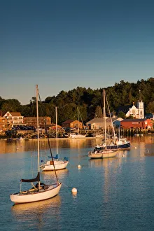Catholic Prints: USA, Maine, Boothbay Harbor, harbor view with Our Lady Queen of Peace Catholic Church