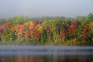 Canoe Prints: USA, Maine. Two canoeists paddle in the fog, Baxter State Park