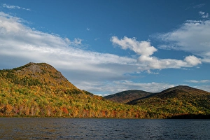 Images Dated 4th May 2024: USA, Maine. Fall foliage and view of lake and Traveler's Mountain, Baxter State Park