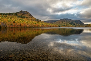 Images Dated 4th May 2024: USA, Maine. Fall foliage and view of South Branch Pond and Traveler's Mountain