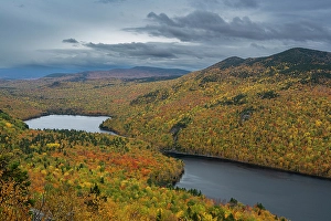 Images Dated 3rd May 2024: USA, Maine. Fall foliage and view of South Branch Ponds from Traveler Mountain