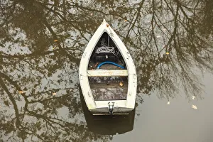 Georgetown Prints: USA, Maine Georgetown. Boat and reflection