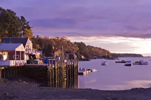Kathleen Clemons Prints: USA, Maine, Harpswell. Seafood restaurant on Lookout Point overlooks boats in bay at sunset