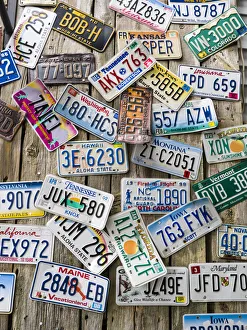 Bar Harbor Prints: USA, Maine. License plates on Old Wall in Bar Harbor