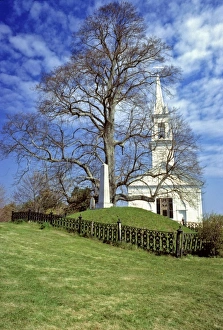 Lincoln County Prints: USA, Maine, Lincoln Co. An elegant, tall-steepled church shares a plot with a stately