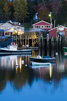 Bernard Prints: USA, Maine, Mount Desert. Bernard Harbor reflections at twilight