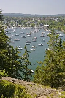 Bar Harbor Prints: USA, Maine, Northeast Harbor. Boats in the harbor and the town of Northeast Harbor beyond