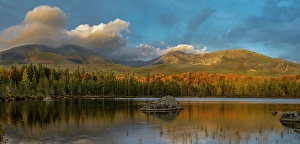 Images Dated 4th May 2024: USA, Maine. Panoramic of Mount Katahdin and fall foliage with reflection in pond