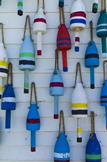 USA, Maine, Stonington, decorative lobster buoys