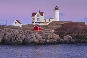 Place Prints: USA, Maine, York Beach. Nubble Light lighthouse at dusk