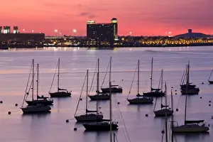 Sky Line Prints: USA, Massachusetts, Boston. Boston Haror and Logan Airport, dawn