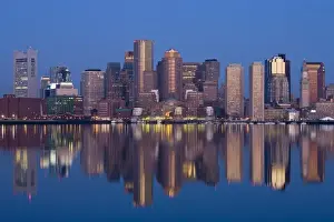 Images Dated 19th April 2008: USA, Massachusetts, Boston. Financial District from Logan Airport, East Boston, dawn