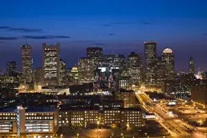 Images Dated 23rd April 2008: USA, Massachusetts, Boston. Financial District from South Boston, elevated view, dusk
