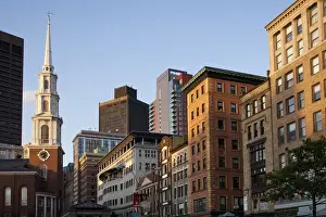 Boston Prints: USA, Massachusetts, Boston, Old North Church and city skyline on s[ring evening
