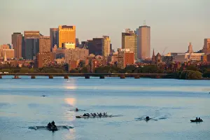 Images Dated 6th October 2004: USA-Massachusetts-Boston: Sunset View of Financial District and Rowers on the Charles
