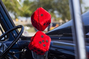 USA, Massachusetts, Cape Ann, Gloucester, antique car show, car with fuzzy dice