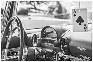 Still Life Prints: USA, Massachusetts, Cape Ann, Gloucester. Antique car interior and ace of spades card