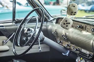 Still Life Prints: USA, Massachusetts, Cape Ann, Gloucester. Antique car, antique car steering wheel