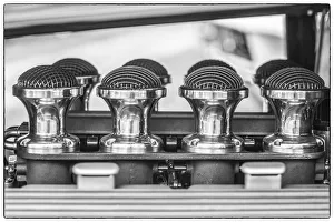 Still Life Prints: USA, Massachusetts, Cape Ann, Gloucester. Antique car, 1950 s-era Hot Rod headers