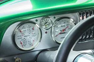 Transportation Prints: USA, Massachusetts, Essex. Antique cars, 1950 s-era steering wheel interior detail