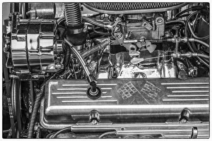 Transportation Prints: USA, Massachusetts, Essex. Detail of antique cars, hot rod engine