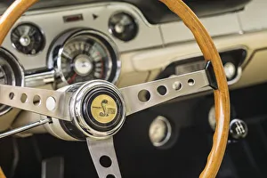 Transportation Prints: USA, Massachusetts, Essex. Antique cars, Shelby Cobra GT 500, steering wheel interior