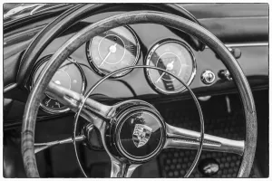 Transportation Prints: USA, Massachusetts, Essex. Antique cars, detail of 1963 Porsche 356 steering wheel