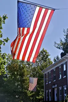 Lexington Prints: USA, Massachusetts, Lexington. Flags catch the sunlight over a brick home in Lexington