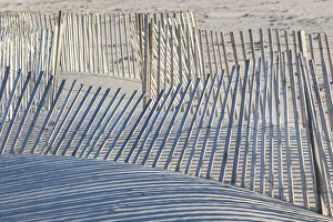 USA, Massachusetts, Nantucket Island. Madaket. Madaket Beach, sand fence and shadows